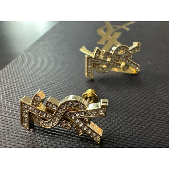 Yves Saint Laurent YSL Signature Crystal Letter Stud Earrings - Picture 12 of 15